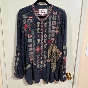 Johnny Was Biya Yrie Blouse Size XL Embroidered Long Sleeve Navy Button Up Silk